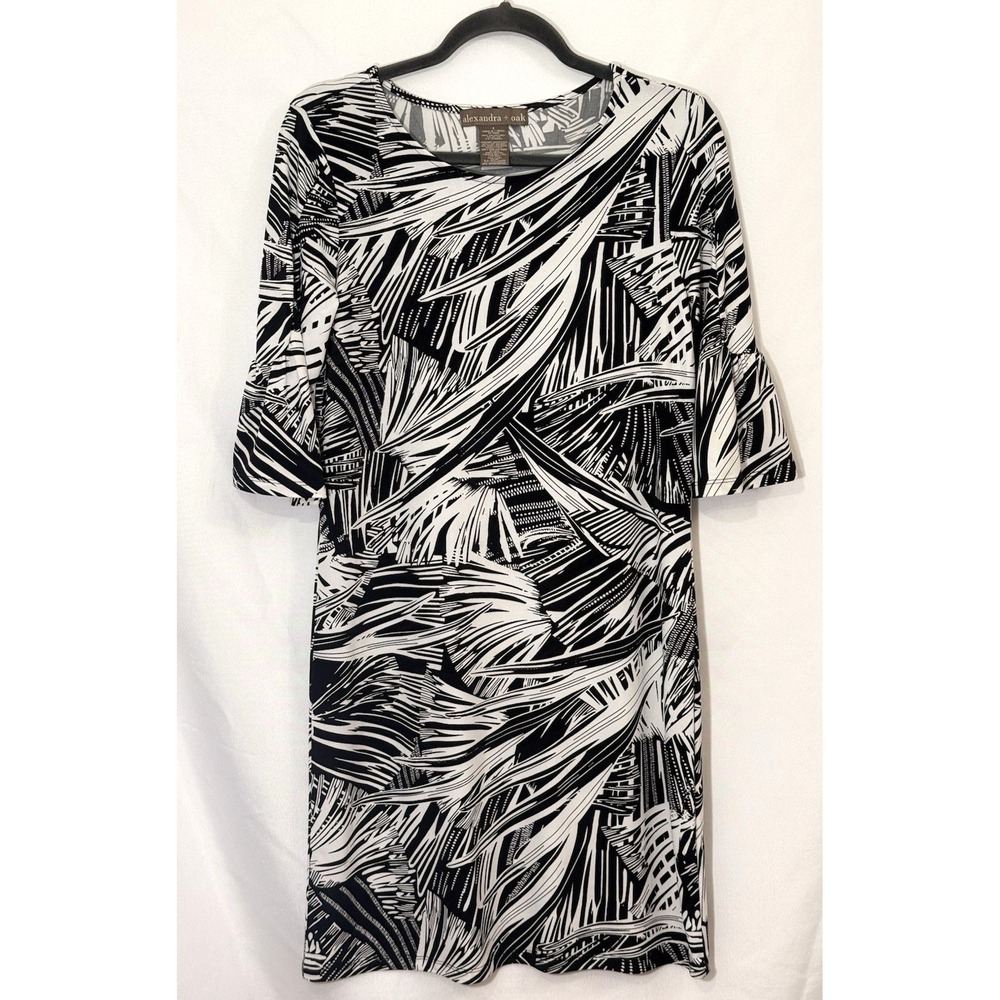 Alexandra +‎ Oak Black White Palm Print Dress 3/4 Bell Sleeve Stretch Womens S